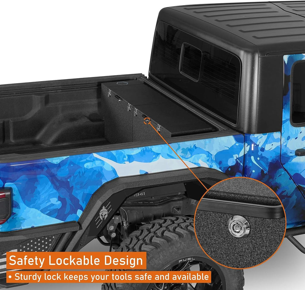 Hooke Road Gladiator Bed Tool Box Lockable Cargo Storage for 2020-2026 Jeep Gladiator JT, Solid Steel Waterproof Organizer Security Toolbox with Lock Keys
