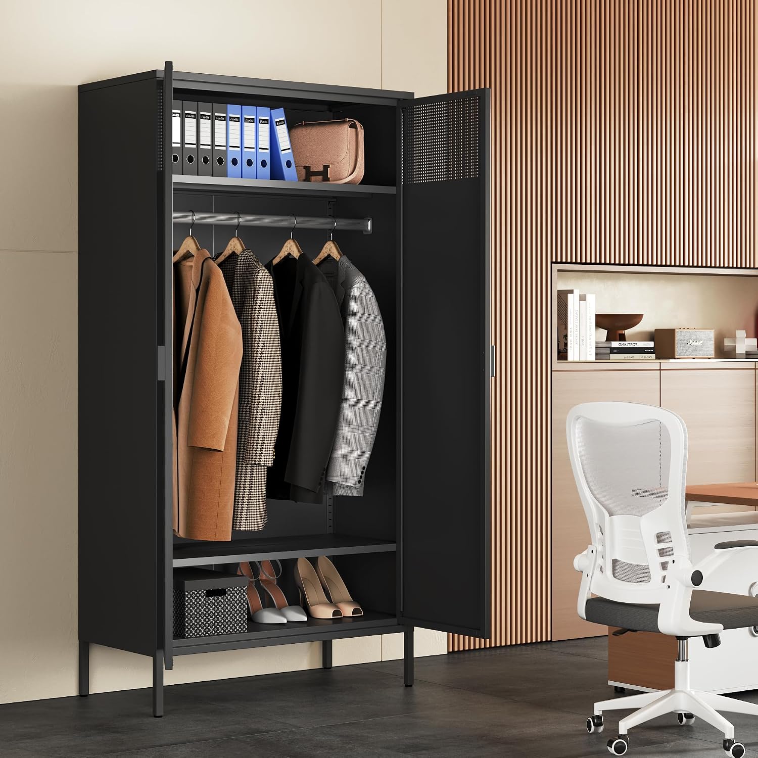 Ustamio 71 Inches Black Metal Wardrobe Cabinet with Hanging Rod, Metal Armoire Wardrobe Closet with Doors for Bedroom, Office, Laundry Room and Changing Room, Metal Locker Cabinet