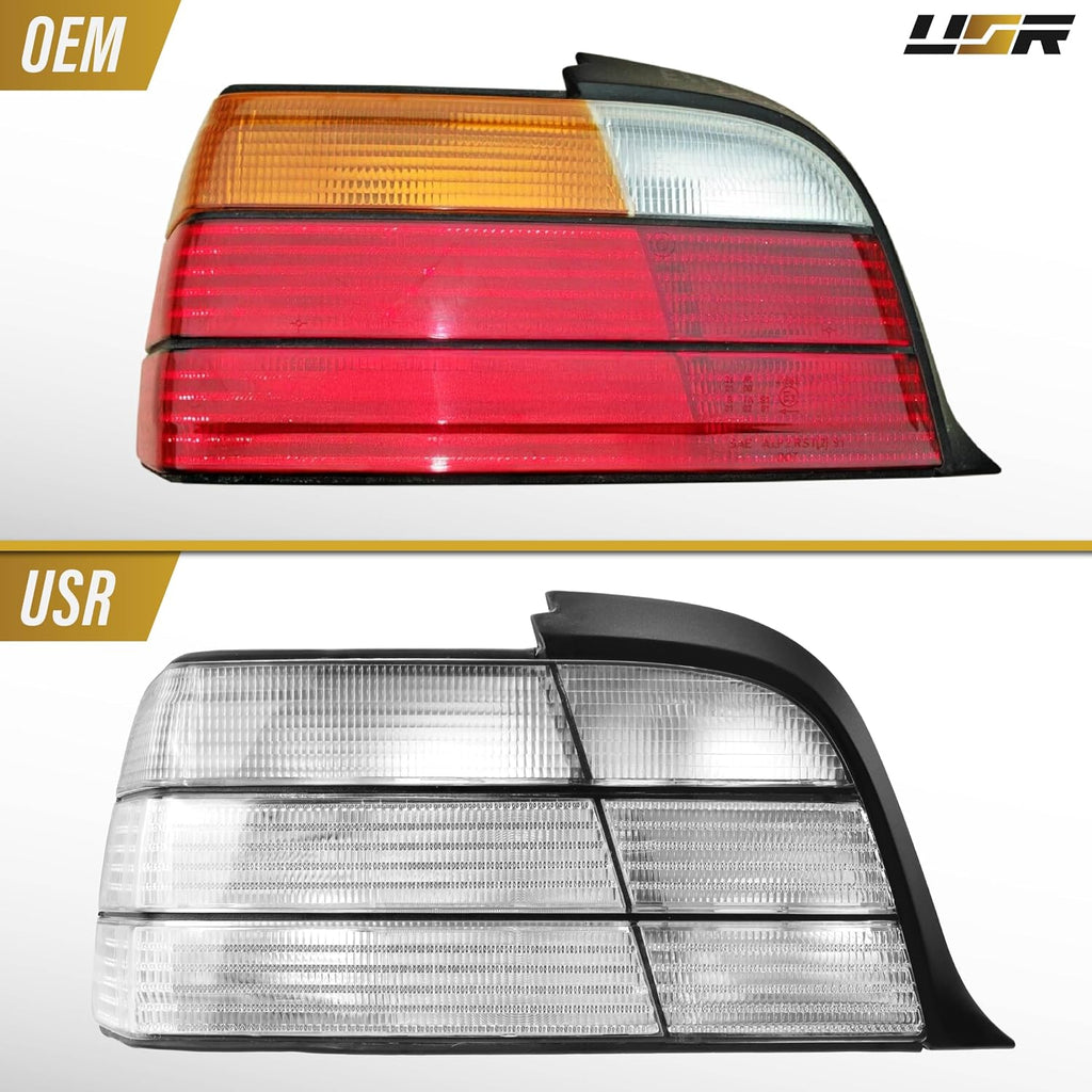 USR 92-99 E36 Coupe Tail Light – Rear Tail Lamps Set (Left + Right) Compatible with 1992-1999 BMW E36 3 Series 2 Door Coupe & Convertible 318/325/328/M3 (OE FROSTED ALL CLEAR LENS with BULBS)