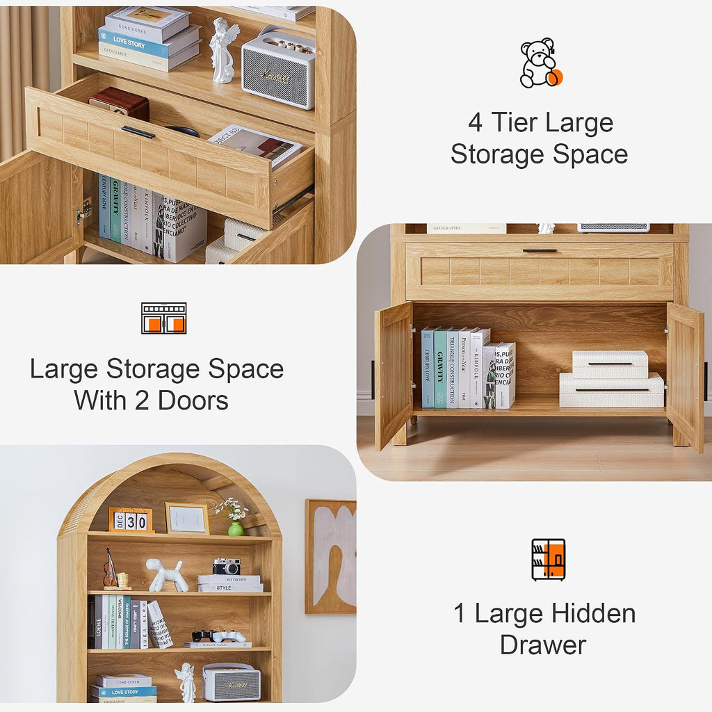 Turtle&Myrtle 73' H Large Arched Bookshelf，5-Tier Arch Bookcase with Doors，Mid Century Modern Book Shelf with Drawers，Wood Bookshelf w/Open Display Shelves for Living Room, Office (Natural, 2 Set)