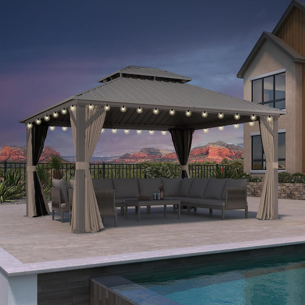 PURPLE LEAF 12' x 14' Outdoor Hardtop Gazebo, Champagne Aluminum Frame with Galvanized Steel Double Roof, Curtains and Netting for Patio Lawn and Garden