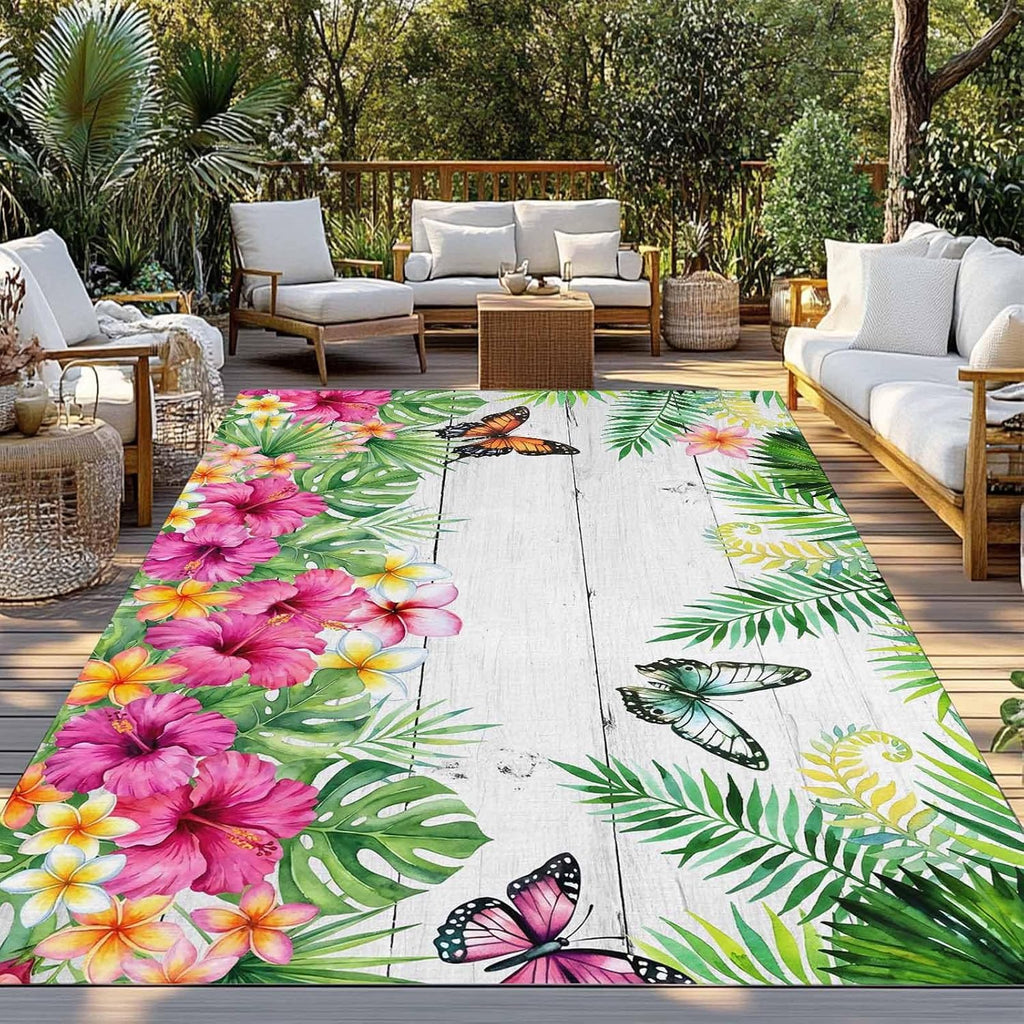 Outdoor Rug 6x9ft Burmese Gardenia Flower Butterflies Patio Area Rugs Waterproof Easy Cleaning Non Shedding Thick Mats Purple Floral Art Carpet for Indoor Outdoor Porch Deck Backyard Balcony