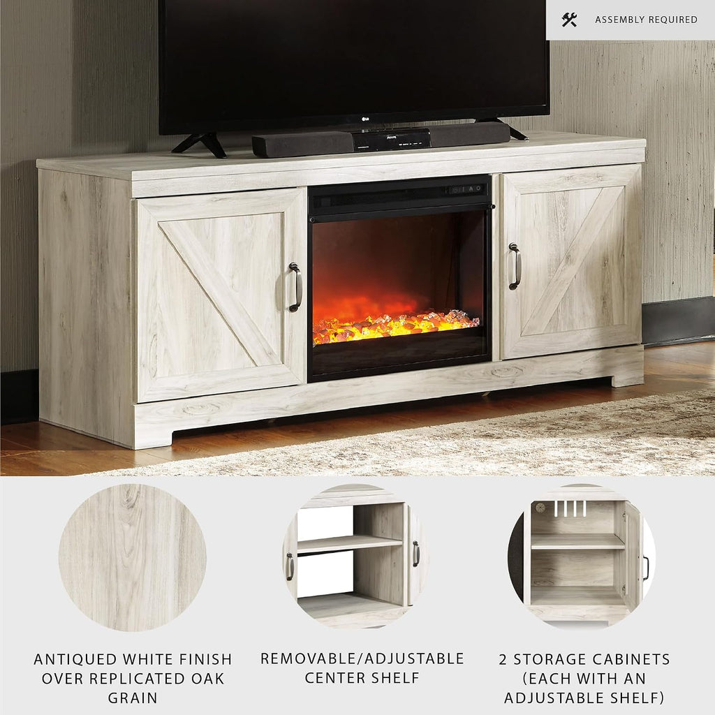 Signature Design by Ashley Bellaby Farmhouse 63' TV Stand with Fireplace for TVs up to 72', Whitewash