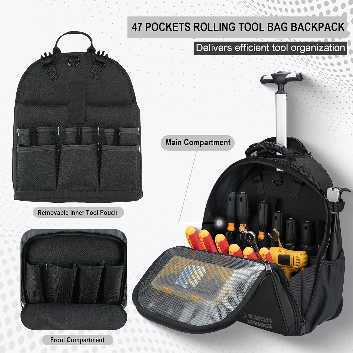KUNN Rolling Tool Backpack with Wheels, Heavy Duty Waterproof Wheeled Tool Bag, 47 Pockets & Loops Work Backpack for Electrician Construction HVAC, Black
