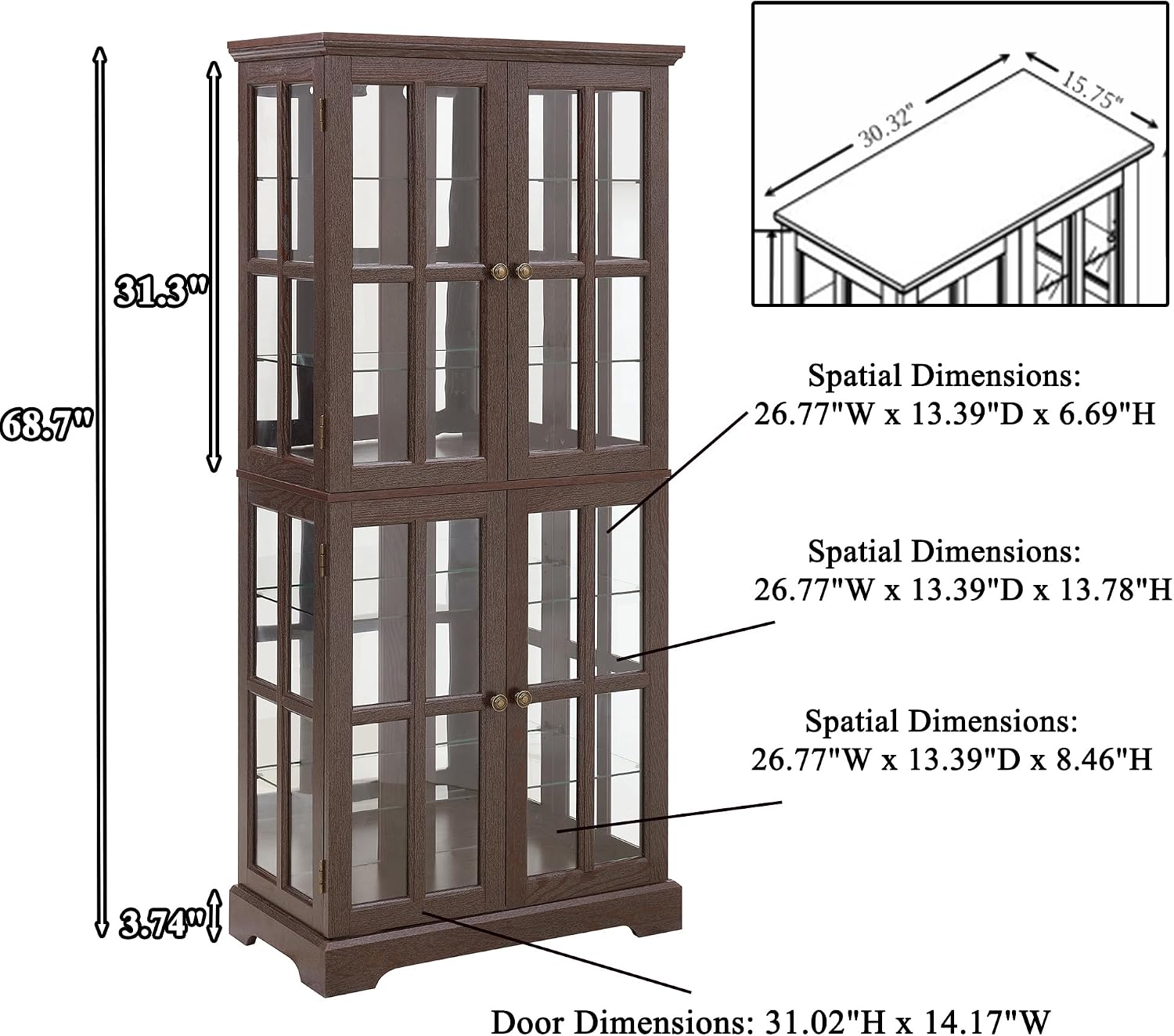 68' H Lighted Curio Display Cabinet Display Case,Wooden Glass Cabinet w/ 4 Glass Doors & Adjustable Shelves, 6 Tier Vintage Accent Storage Case w/Mirrored Back Pane for Home (Cherry)