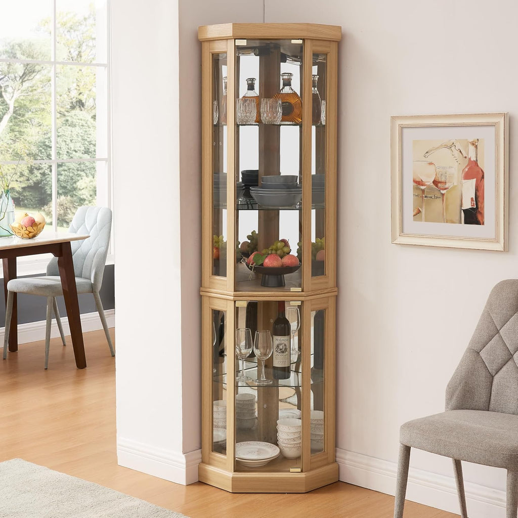 JT Corner Glass Cabinet Lighted Curio Cabinet Corner Display Case for Living Room, Curio, Antique Collection, Wine,Bar Glass Storage Light Included (Light Oak)