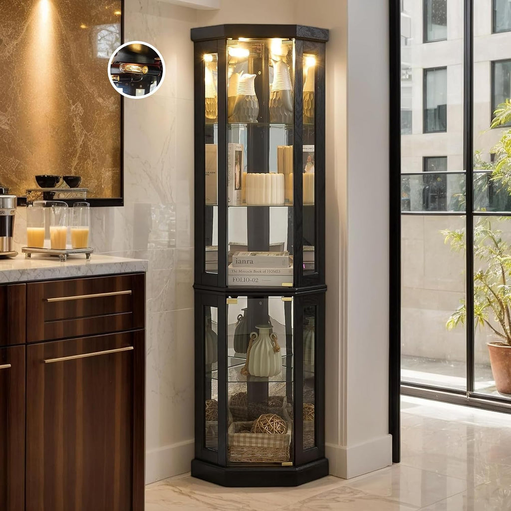 Corner Curio Cabinet, 70' H Lighted Glass Display Cage with Tempered Glass Doors and Adjustable Shelves, Bulb Inclued, Wine Bar China Cabinet for Living Room Liquor Storage (Black)