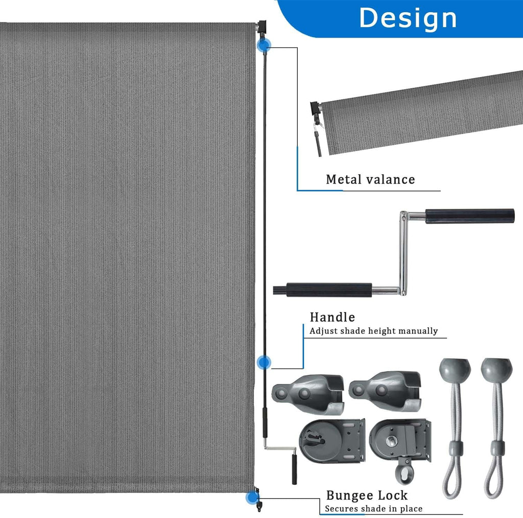8' W x 8' H Outdoor Roller Shade with Crank Handle, Cordless Patio Sun Shade for Porch, Gazebo, Pergola, Grey UV Blocking Exterior Blinds