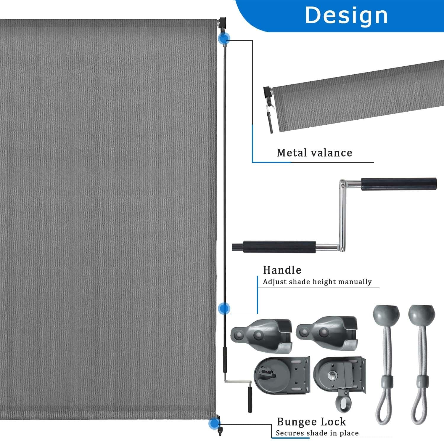 8' W x 8' H Outdoor Roller Shade with Crank Handle, Cordless Patio Sun Shade for Porch, Gazebo, Pergola, Grey UV Blocking Exterior Blinds