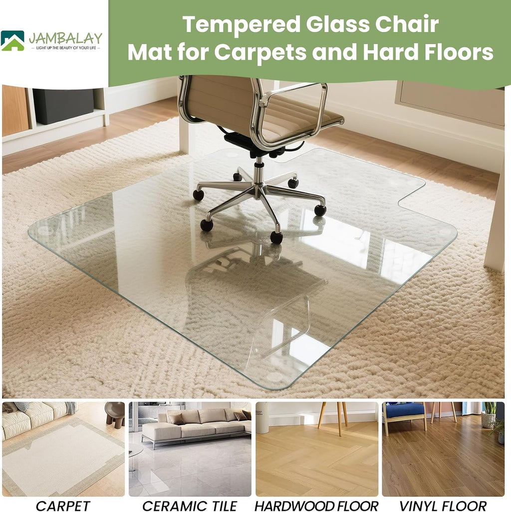 JAMBALAY Irregular Tempered Glass Chair Mat with Lip, 53'x45' Heavy Duty Glass Floor Mat for Carpet/Hard Floors, Carpet Office Chair Mats with Anti-Slip Pads, Thick 0.2″, Clear