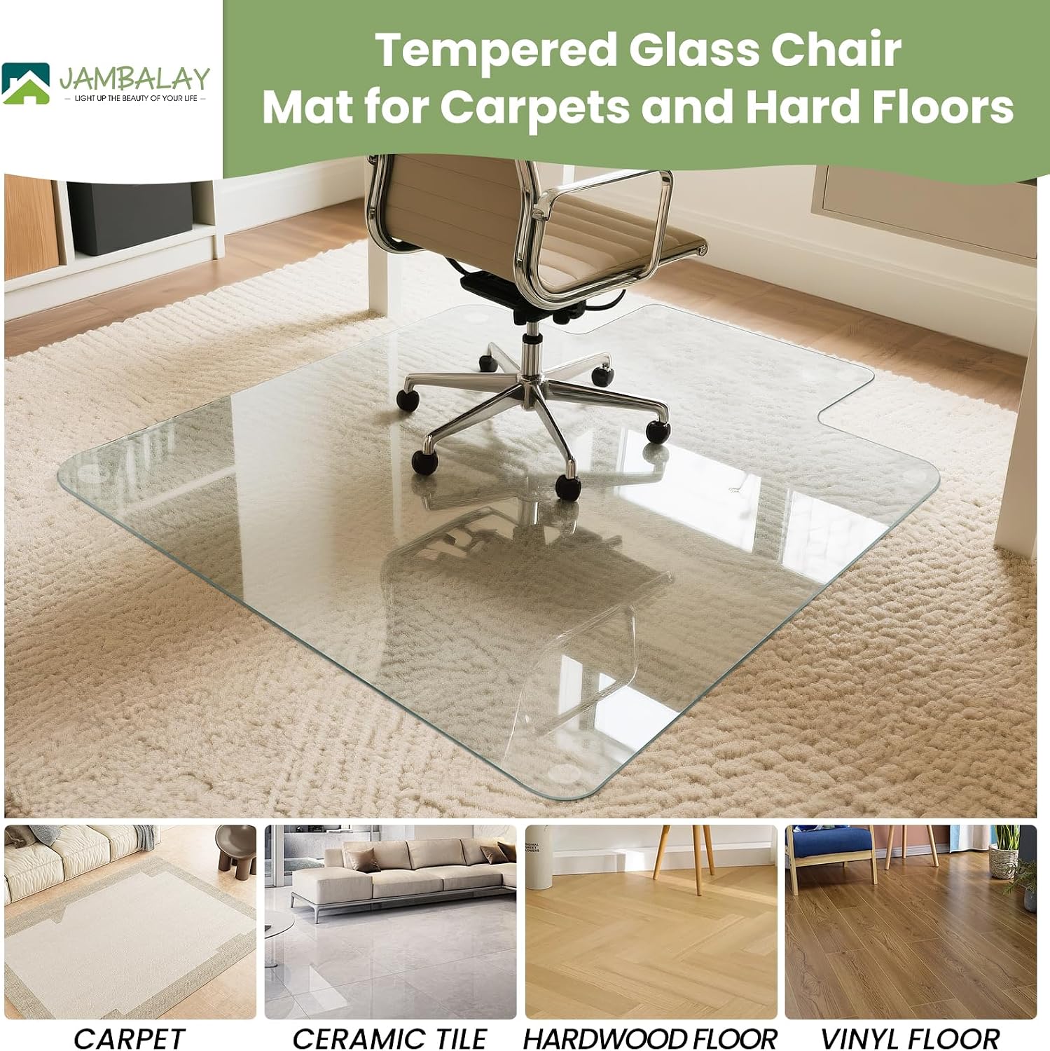 JAMBALAY Irregular Tempered Glass Chair Mat with Lip, 53'x45' Heavy Duty Glass Floor Mat for Carpet/Hard Floors, Carpet Office Chair Mats with Anti-Slip Pads, Thick 0.2″, Clear