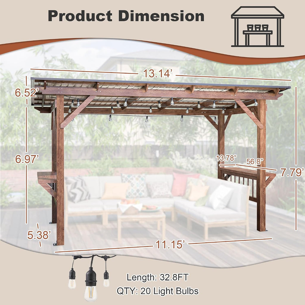 13x6.5ft Wooden BBQ Grill Gazebo with Metal Roof & Bar Counters, Outdoor Pergola with Shelves & Lights for Backyard Patio Poolside
