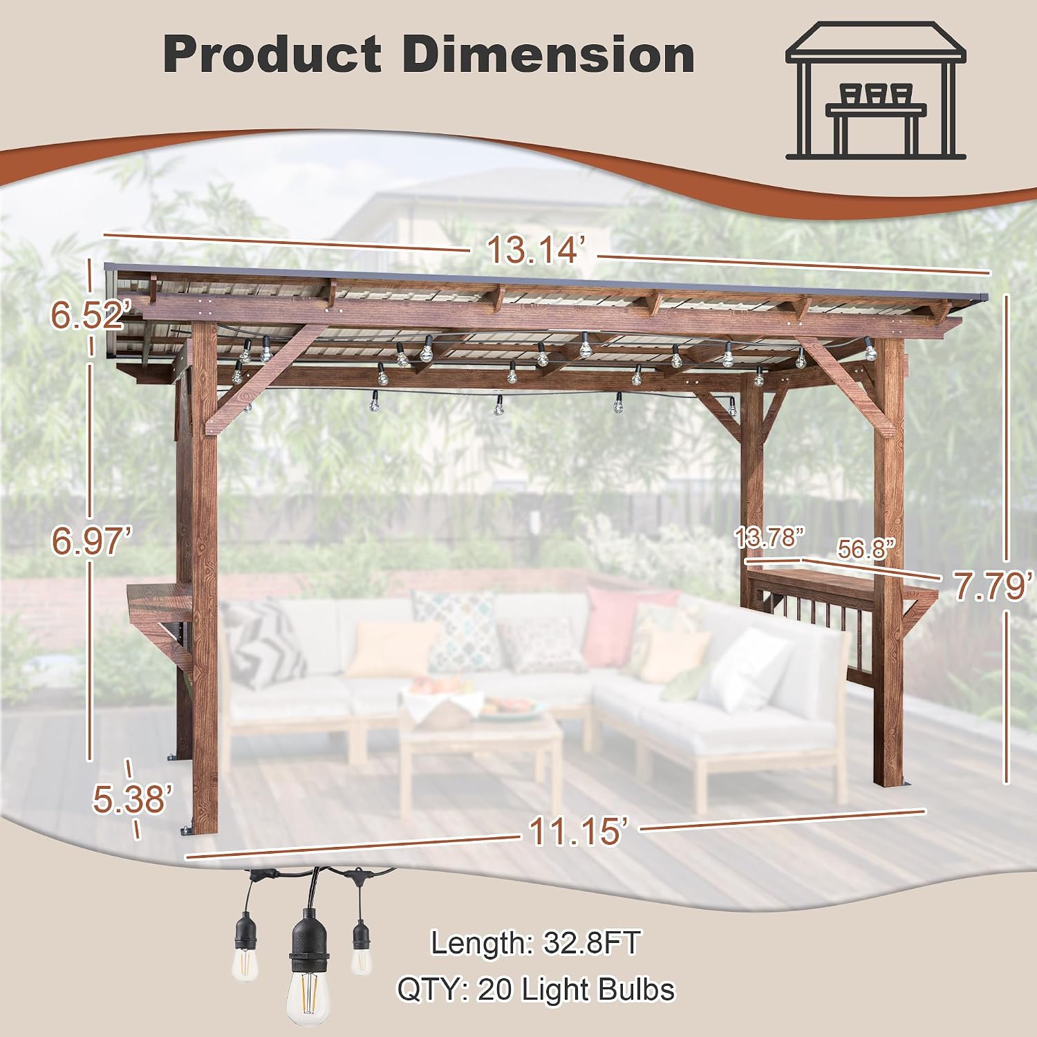 13x6.5ft Wooden BBQ Grill Gazebo with Metal Roof & Bar Counters, Outdoor Pergola with Shelves & Lights for Backyard Patio Poolside