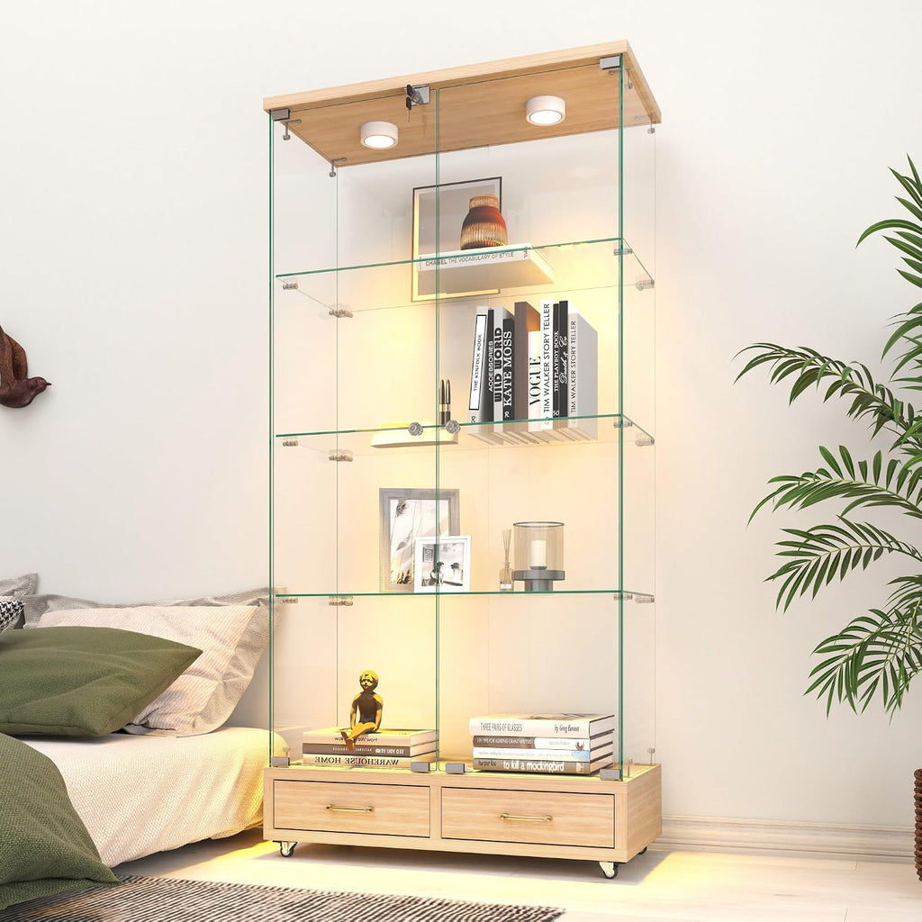 Modern Glass Display Cabinet with LED Light 4-Shelf Curio Cabinets with Storage Drawer and Wheels,Tempered Glass Display Shelf Bookcase for Living Room Home Office