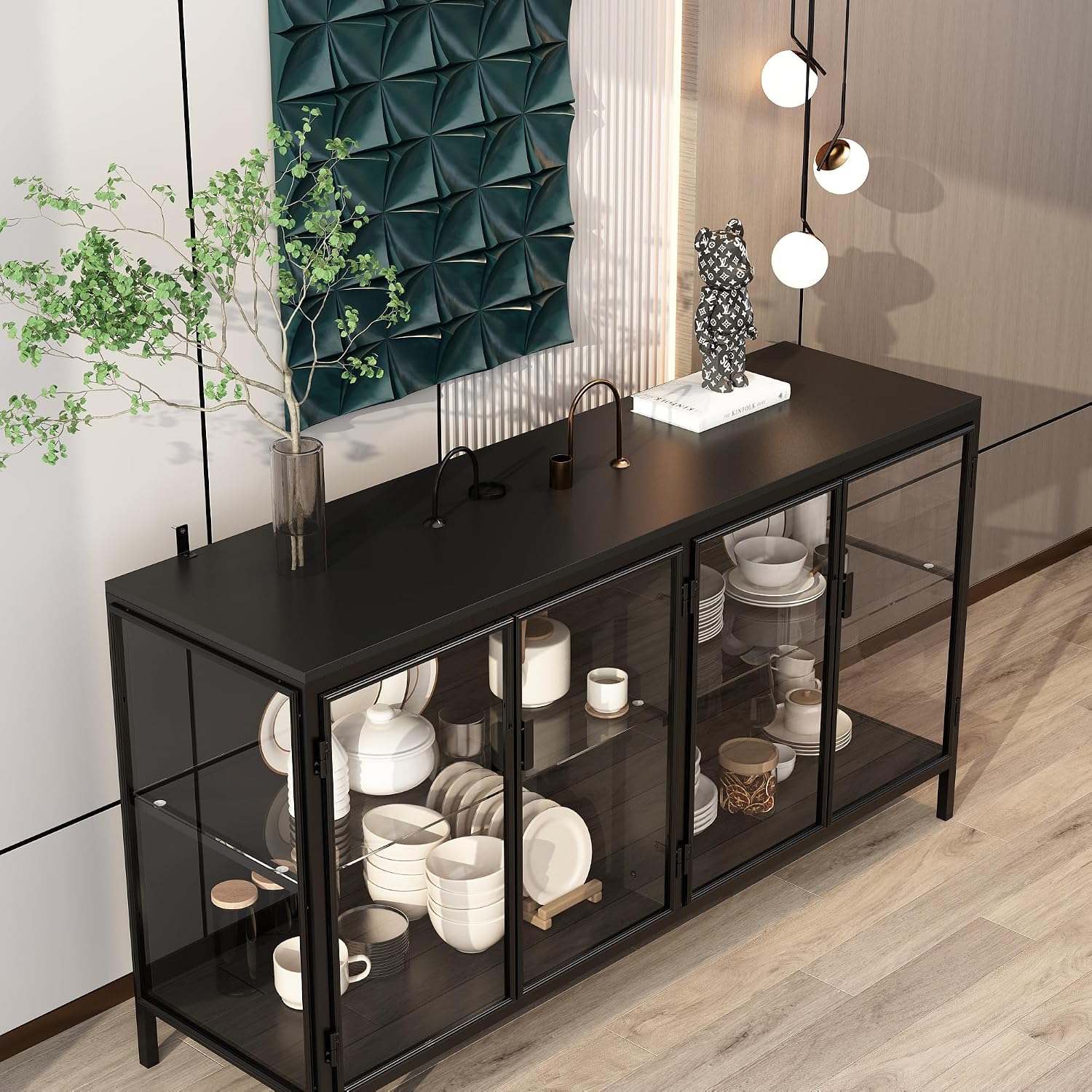 Sideboard Display Cabinet with Lights & 4 Glass Doors, Buffet Sideboard with Glass Shelf, Buffet Storage Cabinet for Living Room Kitchen, Black, 15.7'D x 55.1'W x 29.5'H