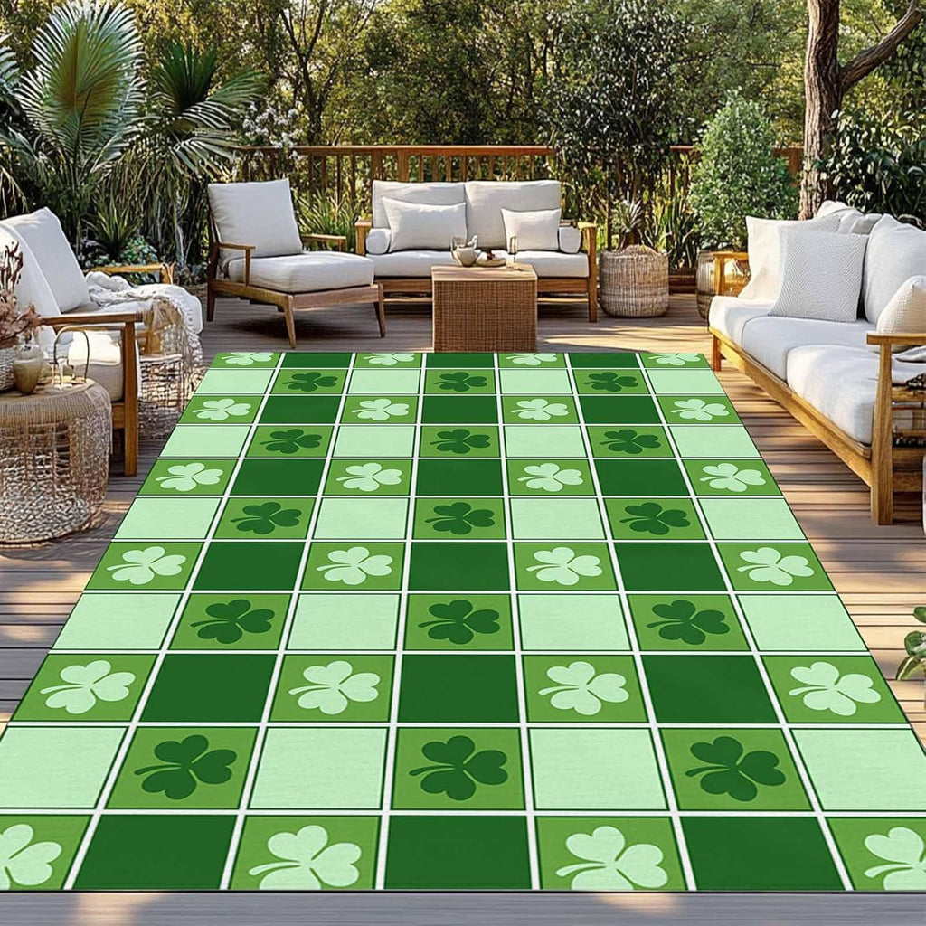 Outdoor Rug 4x6ft St. Patrick's Day Geometric Plaid Shamrocks Leaf Patio Area Rugs Waterproof Easy Cleaning Non Shedding Thick Mats Green Carpet for Indoor Outdoor Porch Deck Backyard Balcony