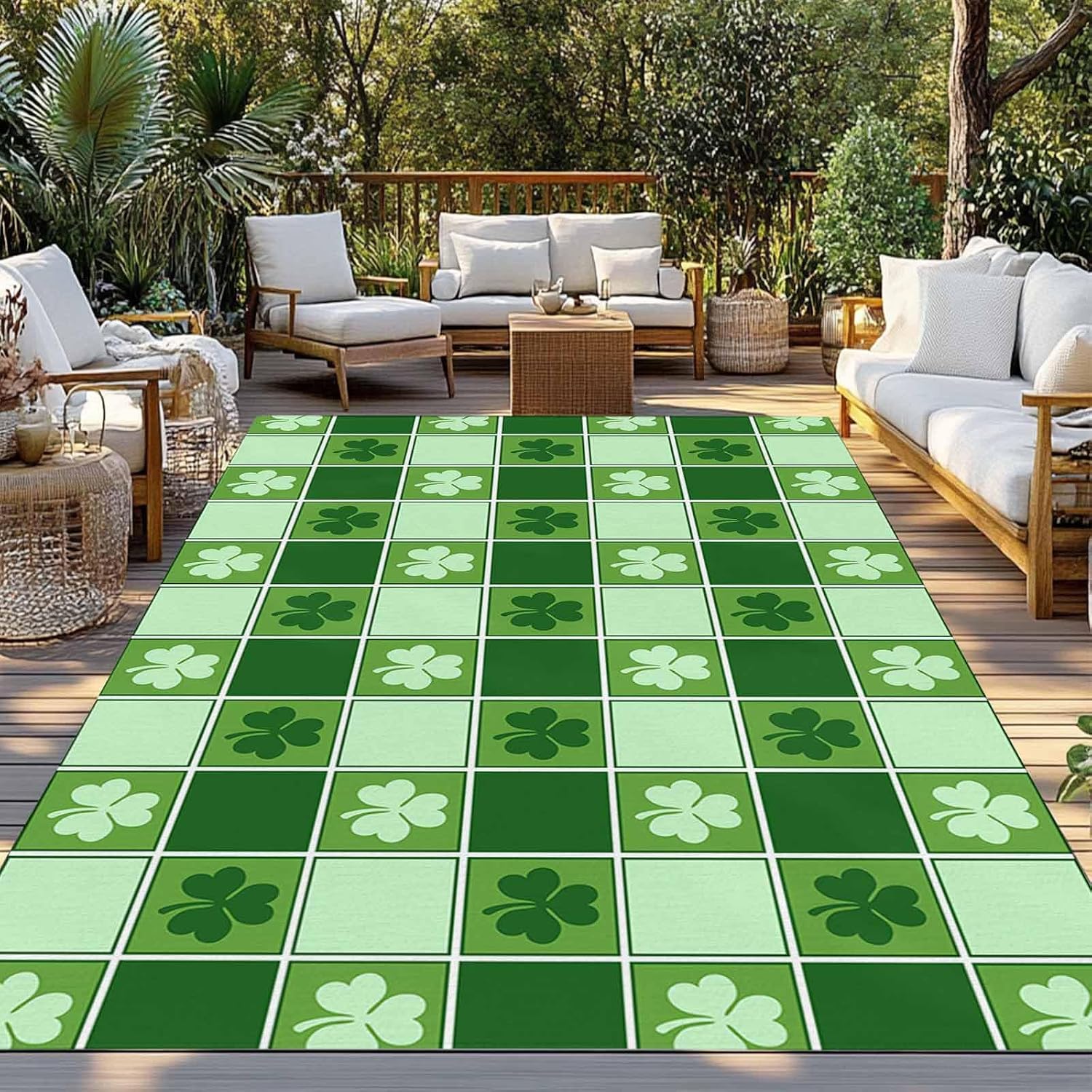 Outdoor Rug 4x6ft St. Patrick's Day Geometric Plaid Shamrocks Leaf Patio Area Rugs Waterproof Easy Cleaning Non Shedding Thick Mats Green Carpet for Indoor Outdoor Porch Deck Backyard Balcony