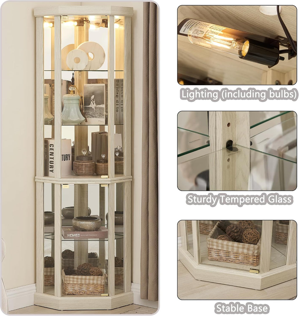 69' H Lighted Curio Cabinet Corner Display Case, Corner Glass Case with Adjustable Shelves and Tempered Glass, Wooden Curio Cabinet w/Mirrored Back Pane for Living Room
