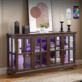 59' W LED Curio Cabinet with 7 Color Lights, Vintage Glass Display Case with Glass Doors, Smartphone-Controlled, Short Wooden China Cabinet with Adjustable Shelves for Entryway(Dark Cherry)