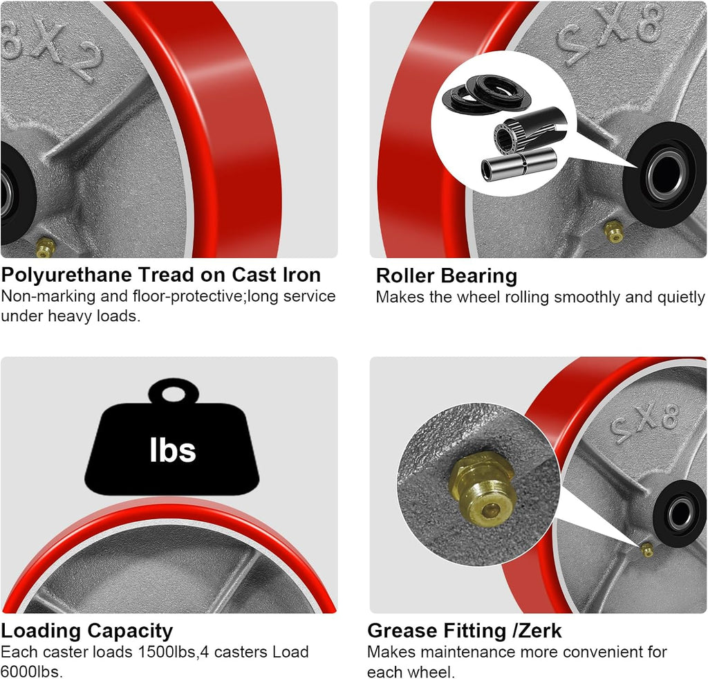 8' x 2' Heavy Duty Caster Wheels, Set of 4, Polyurethane on Cast Iron, 1/2' Bore Axle, 800lbs Load Capacity Each, Roller Bearing, Red
