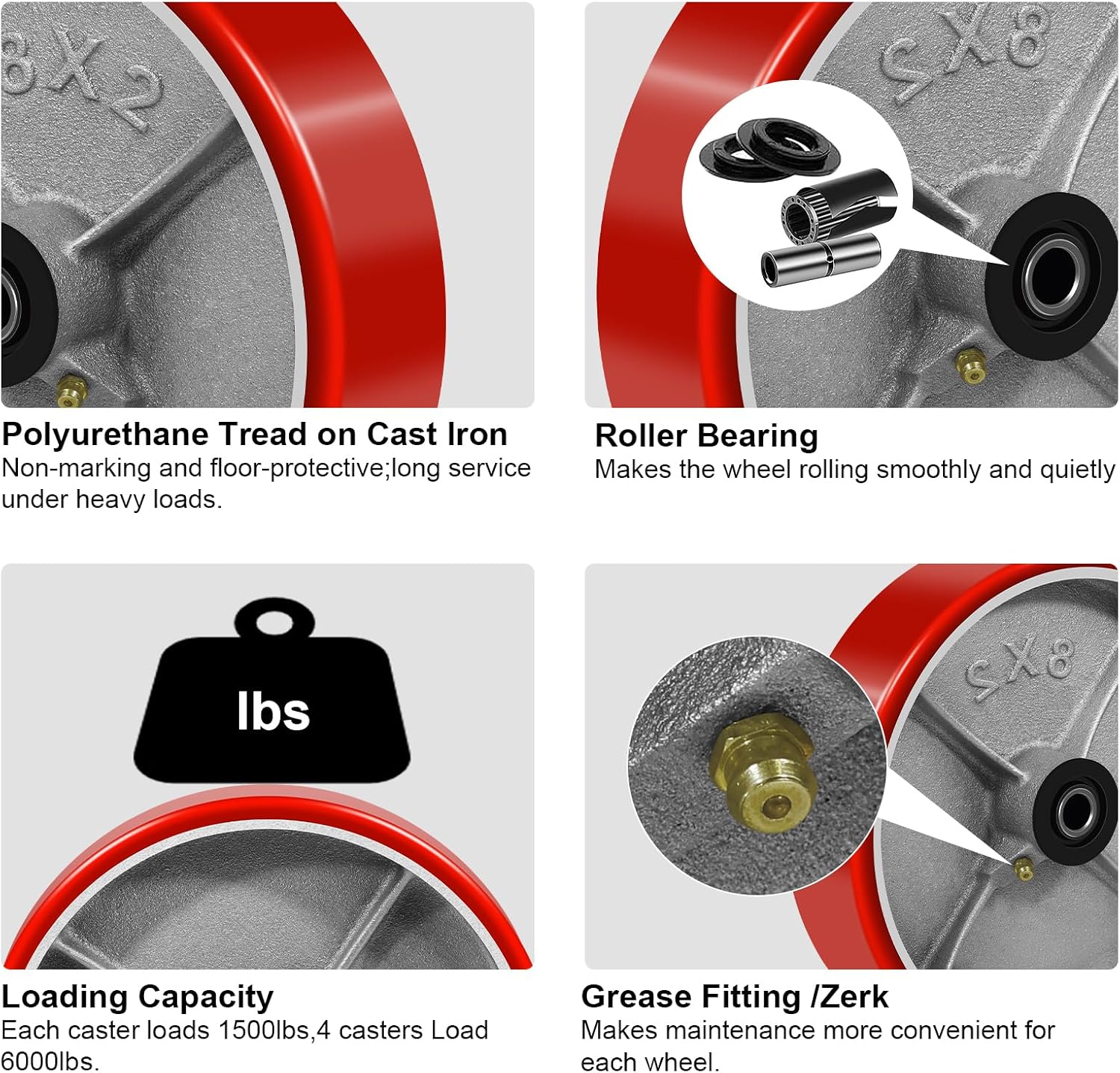 8' x 2' Heavy Duty Caster Wheels, Set of 4, Polyurethane on Cast Iron, 1/2' Bore Axle, 800lbs Load Capacity Each, Roller Bearing, Red