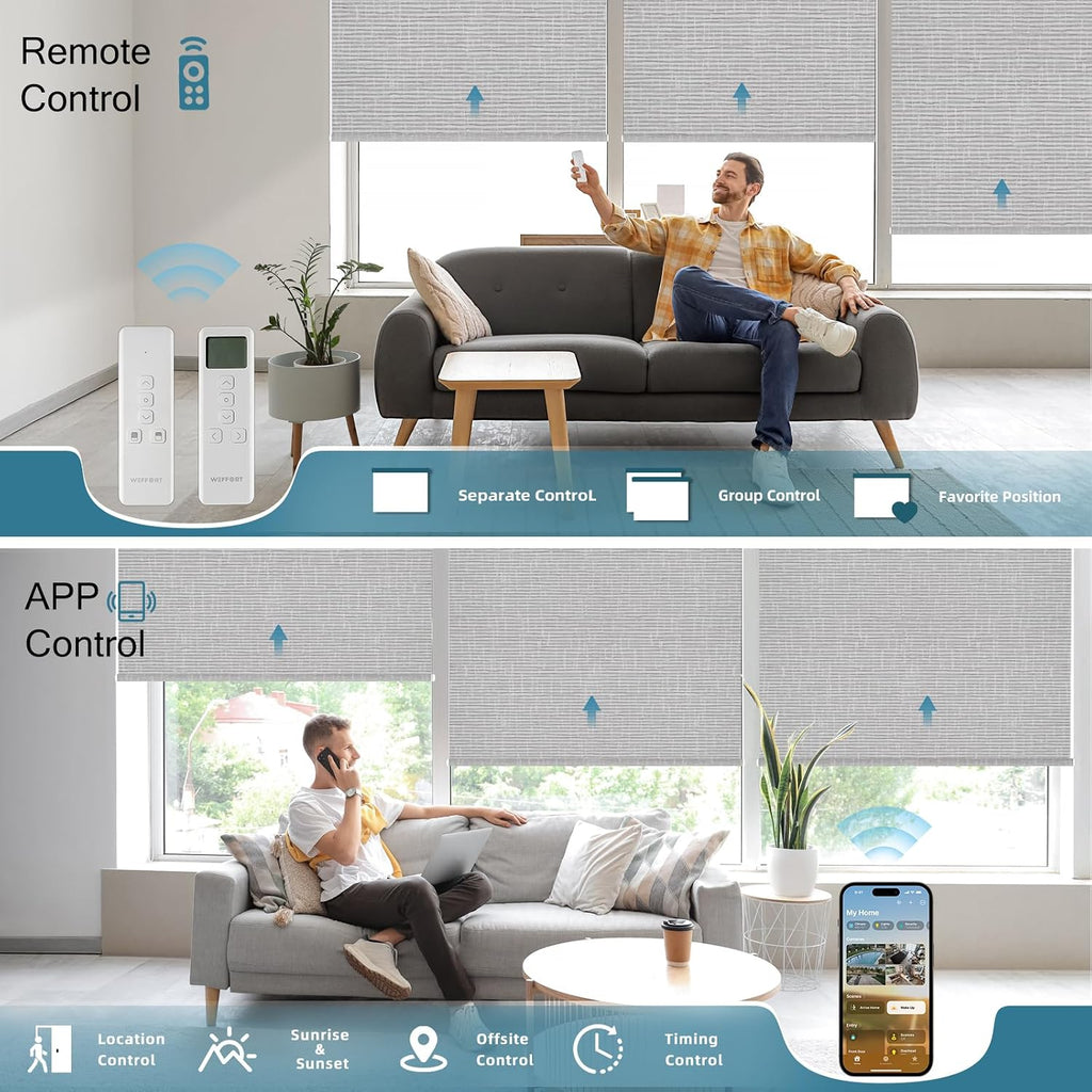 Motorized Roller Shade, 100% Blackout Smart Window Blinds Work with Homekit, Alexa, Google Home, Remote Control, Electric Blinds with USB/Solar Pannel Charging, Texture Smoke