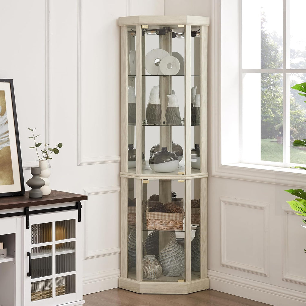 70' Lighted Corner Curio Cabinet,Inside Mirror Corner Glass Display Case with Tempered Glass Door for Living Room, Antique Collectibles, Wine & Bar Glass Storage, Lights Included