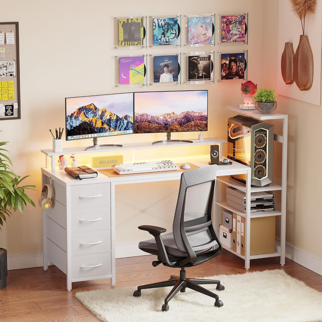 59 Inch Gaming Desk with LED Lights and Power Outlets, Computer Desk with Storage Shelves, Fabric Drawers, Monitor Stand & Side Hook, Reversible Gamer Table for Home Office, Carbon Fiber White