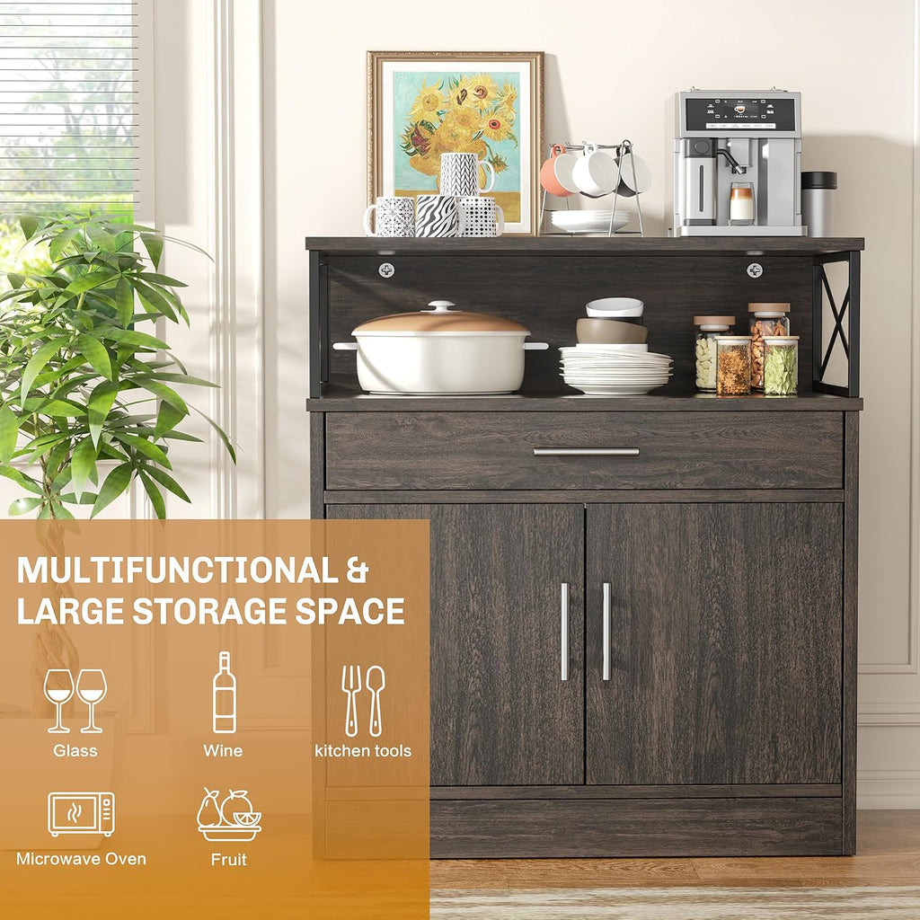 Shintenchi Kitchen Storage Cabinet with Adjustable Shelves and Drawers, Modern Buffet Sideboard, Wood Buffet Cabinet with Doors, Floor Cabinet Cupboard for Coffee Bar Living Room, Dark Brown