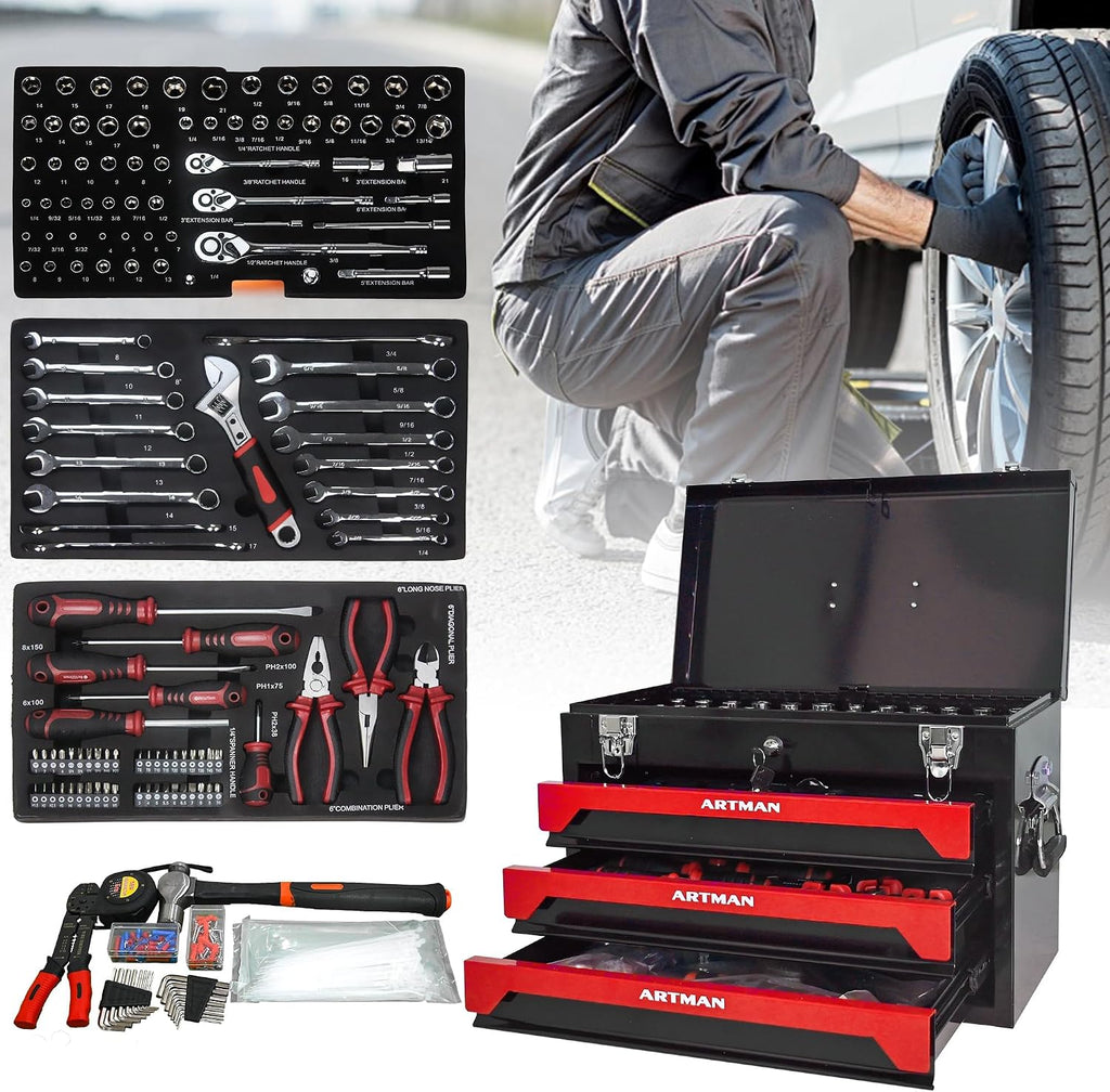 20' Portable Tool Box with Key Lock, 439 Piece Mechanics Tool Set, 3 Drawers & Top Storage Tray Toolbox with Metal Latches & Carrying Handle for Warehouse,Repair Shop,Garage,Home (Red)