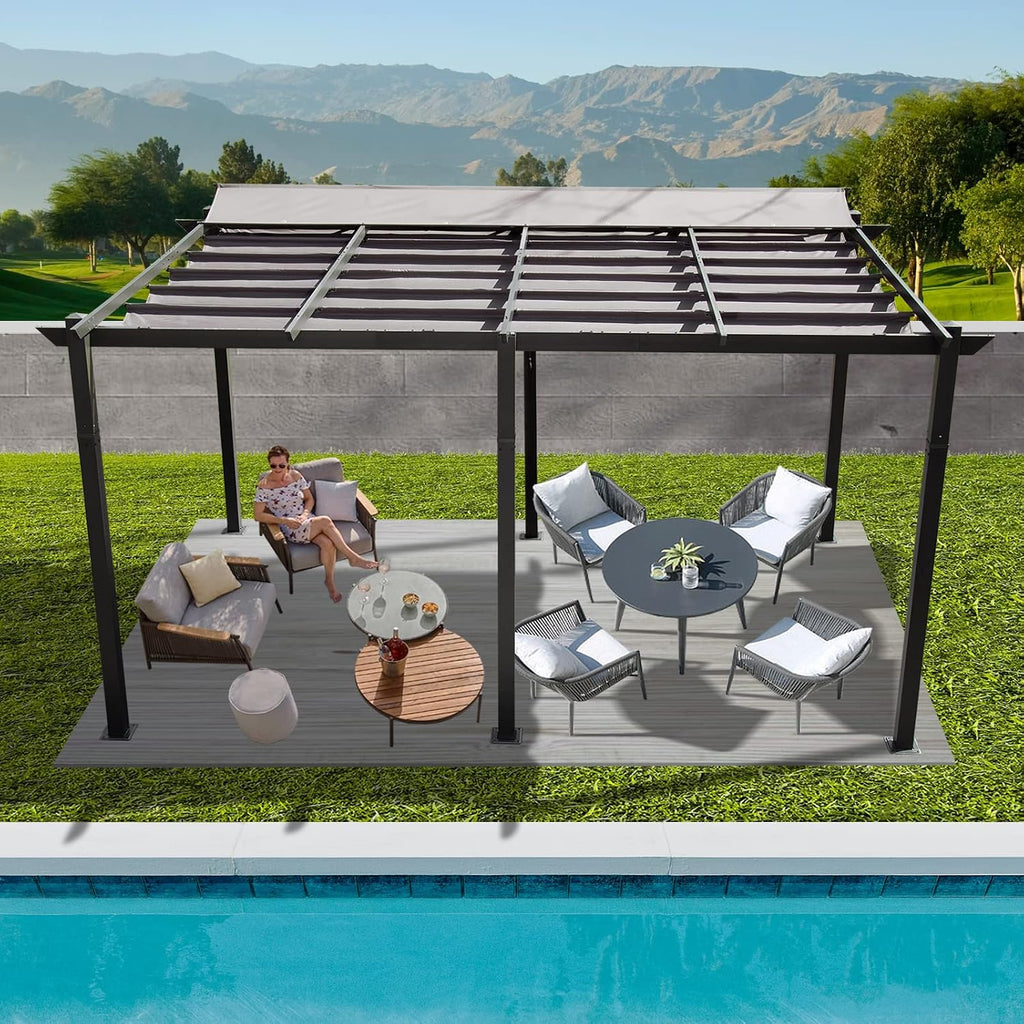 Domi 11x16FT Outdoor Pergola Canopy with Retractable Sun Shade, Weather-Resistant Aluminum Frame for Patio, Backyard, Deck, Garden, BBQ, and Gatherings