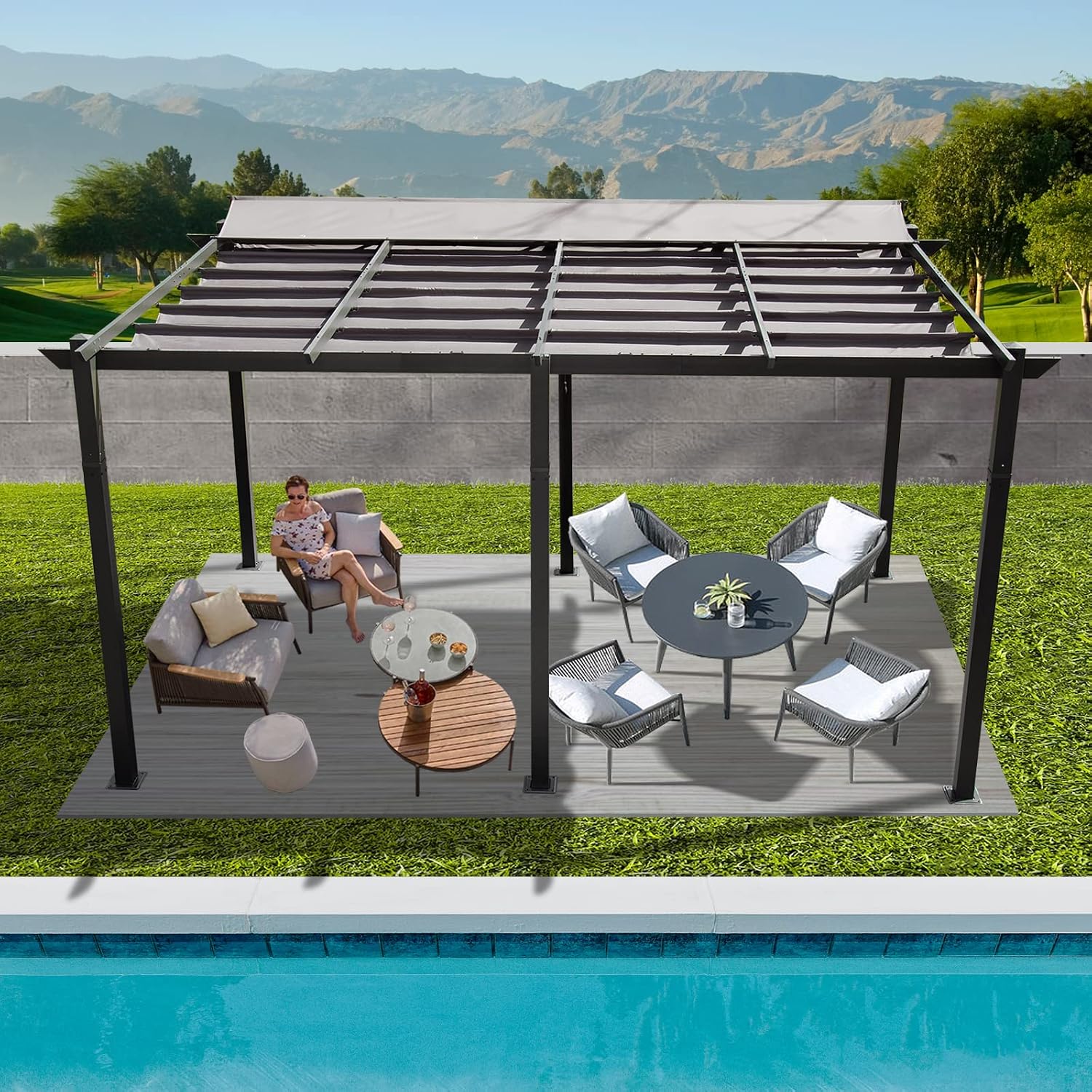 Domi 11x16FT Outdoor Pergola Canopy with Retractable Sun Shade, Weather-Resistant Aluminum Frame for Patio, Backyard, Deck, Garden, BBQ, and Gatherings
