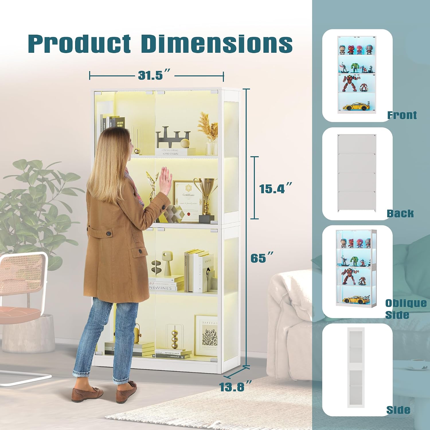 Grepatio Glass Display Cabinet, 4-Tier Display Cases for Collectibles, Curio Cabinet with 12 Color Lights, Display Shelf Bookcase Kids Toy Cabinets for Collectible, Living Room, Playroom (White)