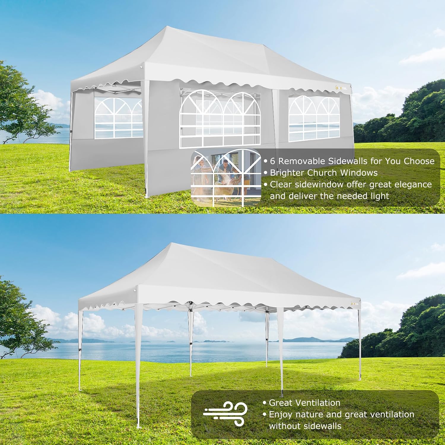 HOTEEL 10x20 Pop Up Canopy Tents for Parties, Outdoor Tent with 6 Sidewalls & Wheeled Bag & 4 Sandbags, Easy Setup for Wedding, Patio Events, Commercial, Party -Waterproof and UV50+ Protection, White