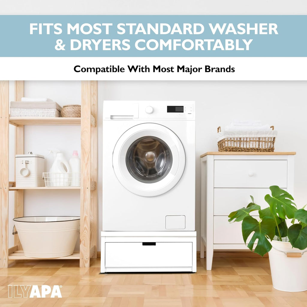 Ilyapa Washer and Dryer Stand - Universal Wooden Laundry Pedestal with Drawer - Compatible with Samsung, LG, GE, Maytag - 28x28x12 in.