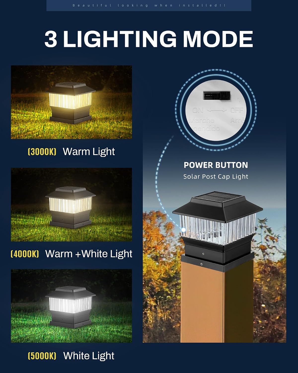 8 Pack Fence Post Solar Lights Outdoor, 3 Modes 4x4 3.5x3.5 4.5x4.5 Or 5.5x5.5 Post Cap Lights - 50 Lumen LED Deck Patio Garden Yard Mailbox Decoration Waterproof, Black