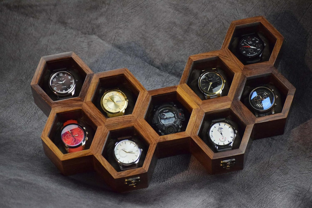 Wooden Watch Box Organizer for Men – 9 Slot Luxury Honeycomb Watch Case | Dark Rosewood Wood & Glass Display Box | Elegant Wooden Timepiece Display Case Boxes for Men – Luxury Gift for Him