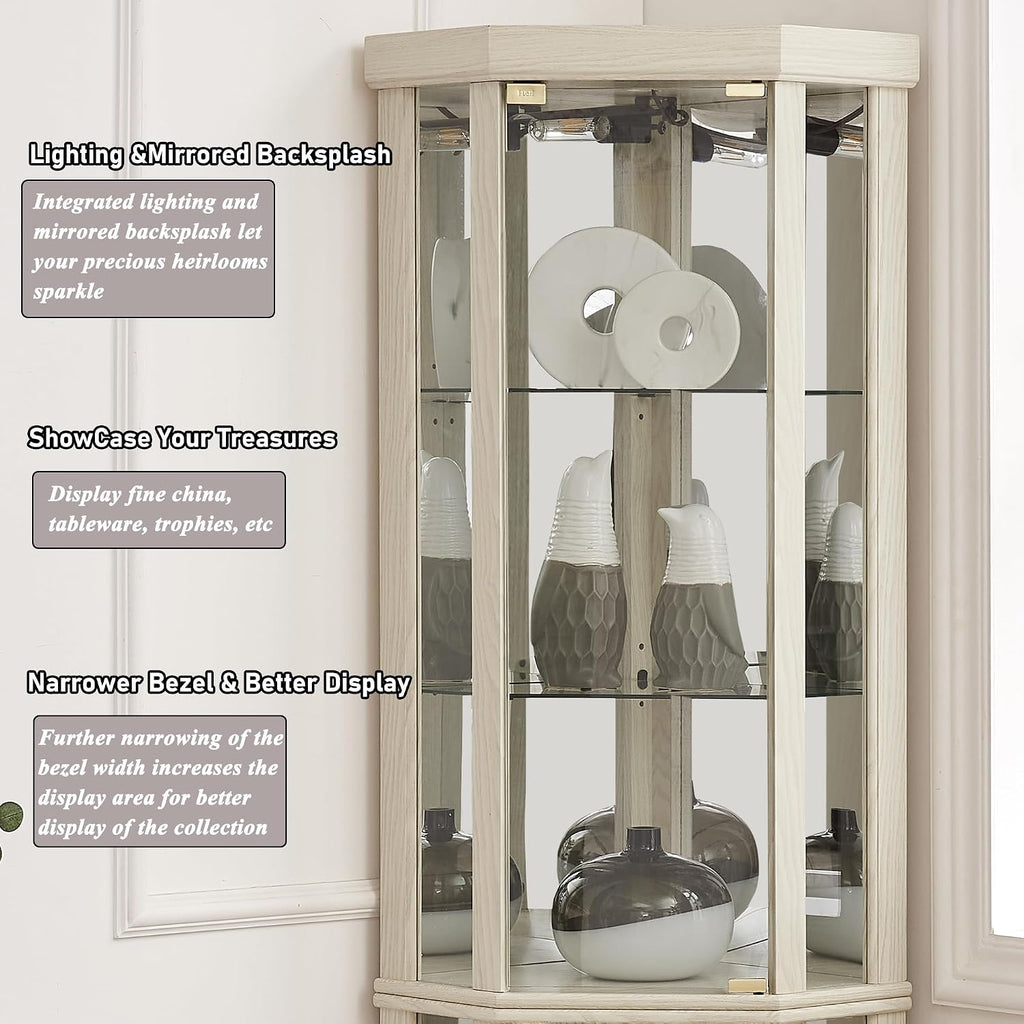 69' H Lighted Curio Cabinet Corner Display Case, Corner Glass Case with Adjustable Shelves and Tempered Glass, Wooden Curio Cabinet w/Mirrored Back Pane for Living Room