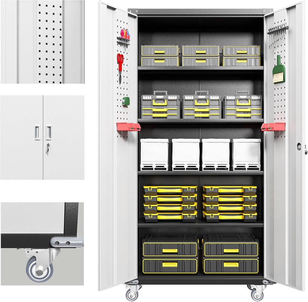 Upgraded Metal Storage Cabinet with Wheels, Lockable Rolling Garage Storage Cabinet with 2 Pegboard, Steel Garage Cabinets on Wheels with 4 Adjustable Shelves, White&Black