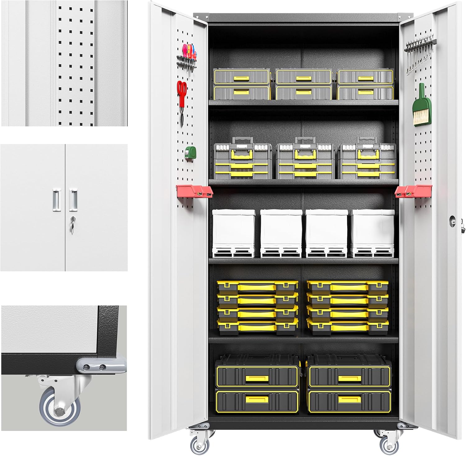 Upgraded Metal Storage Cabinet with Wheels, Lockable Rolling Garage Storage Cabinet with 2 Pegboard, Steel Garage Cabinets on Wheels with 4 Adjustable Shelves, White&Black