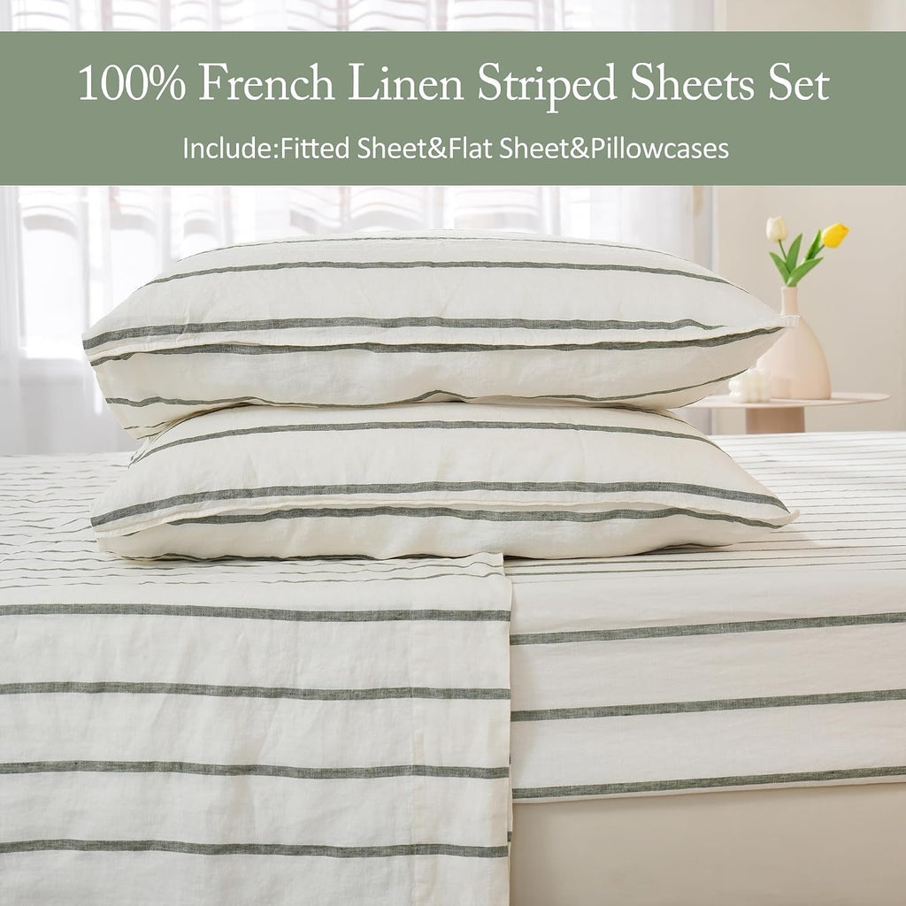 S VICTORY SYMBOL 100% Organic Linen Sheets Set,Yarn Dyed Green Vertical Stripe Bed Sheets,French Natural Flax Bedding Set,Queen Size Washed Linen 4pcs Farmhouse Bed Sheets