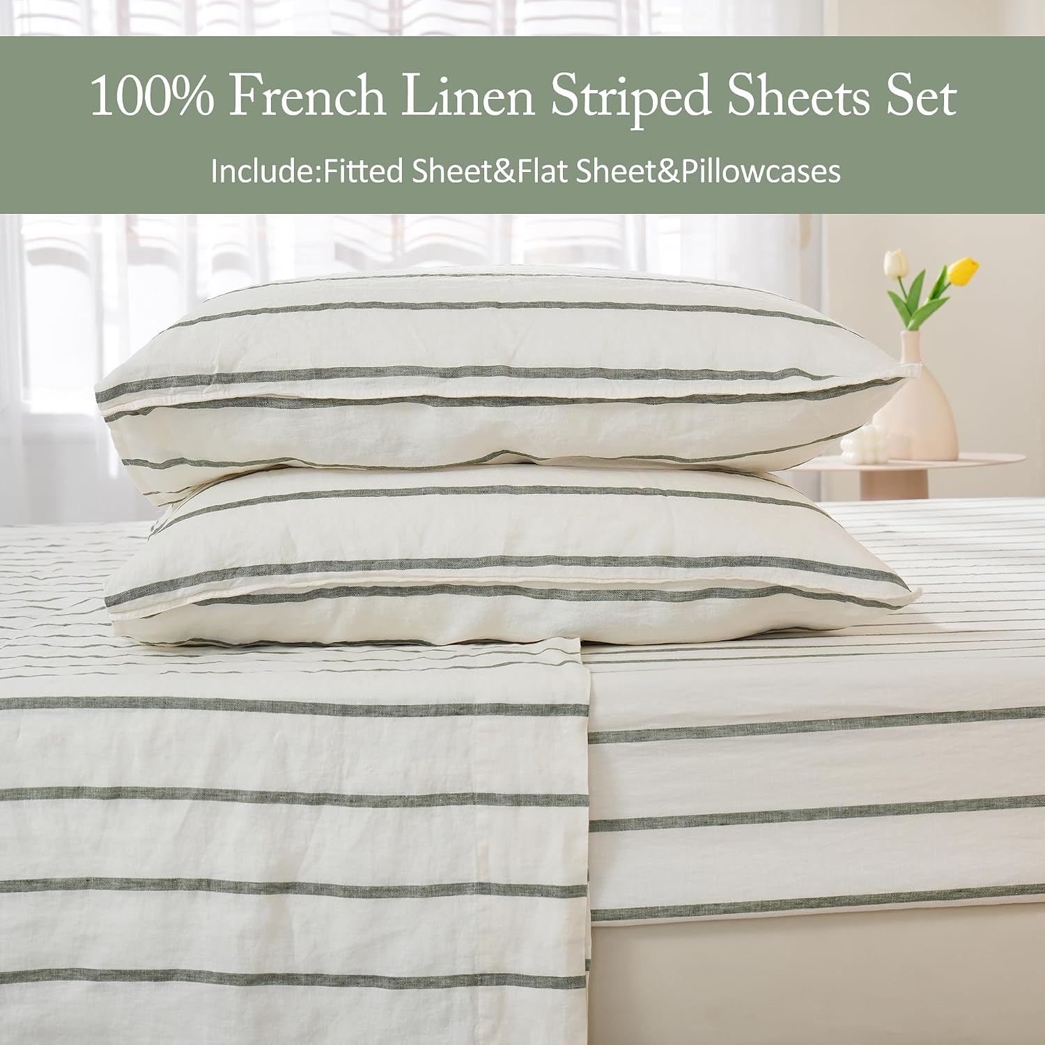 S VICTORY SYMBOL 100% Organic Linen Sheets Set,Yarn Dyed Green Vertical Stripe Bed Sheets,French Natural Flax Bedding Set,Queen Size Washed Linen 4pcs Farmhouse Bed Sheets