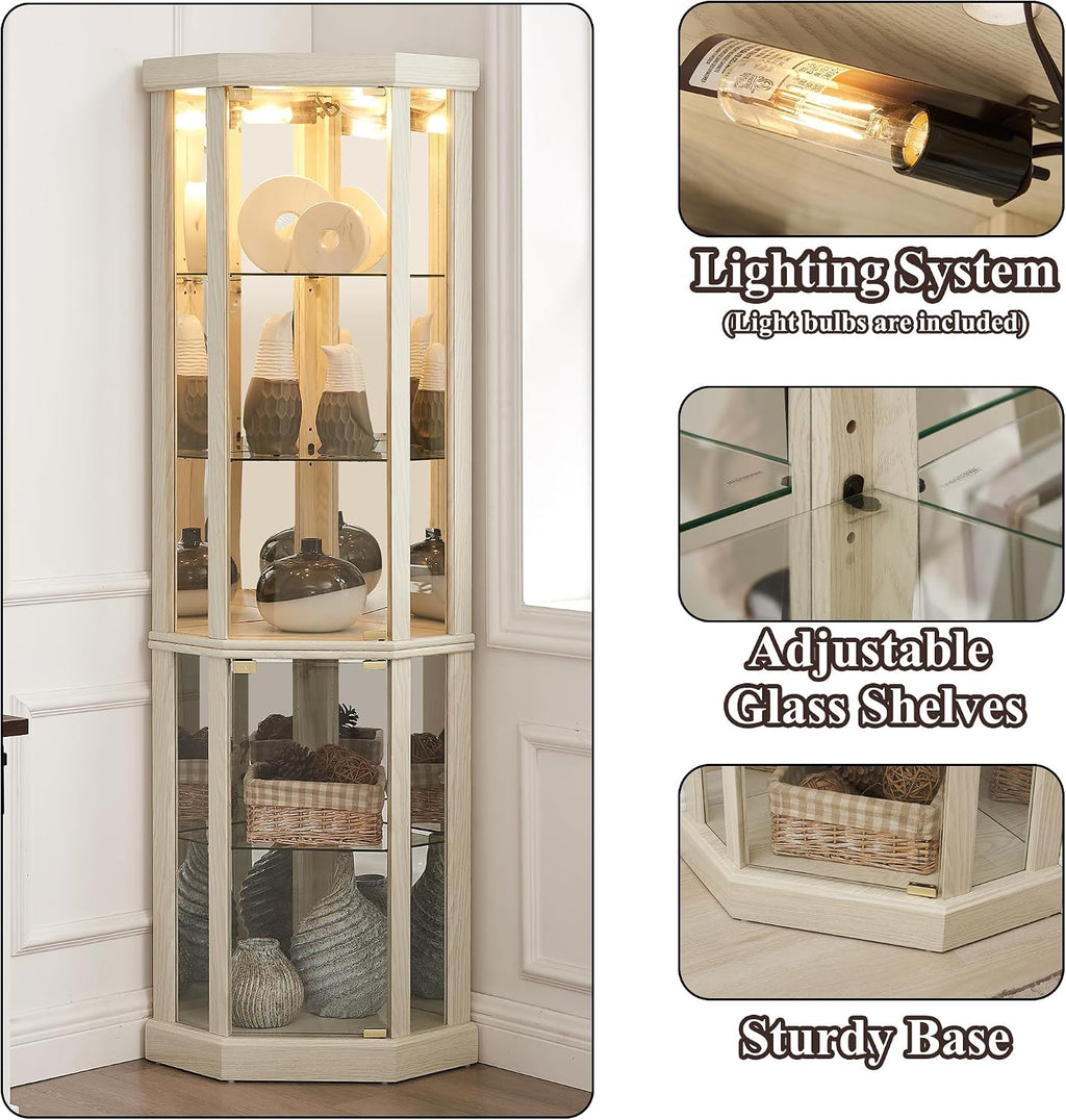 69' H Lighted Curio Cabinet Corner Display Case,Corner Glass Cabinets with Tempered Glass Door and Adjustable Shelves,Wooden Curio Cabinet with Mirrored Back Pane(Style 1 - Antique White)