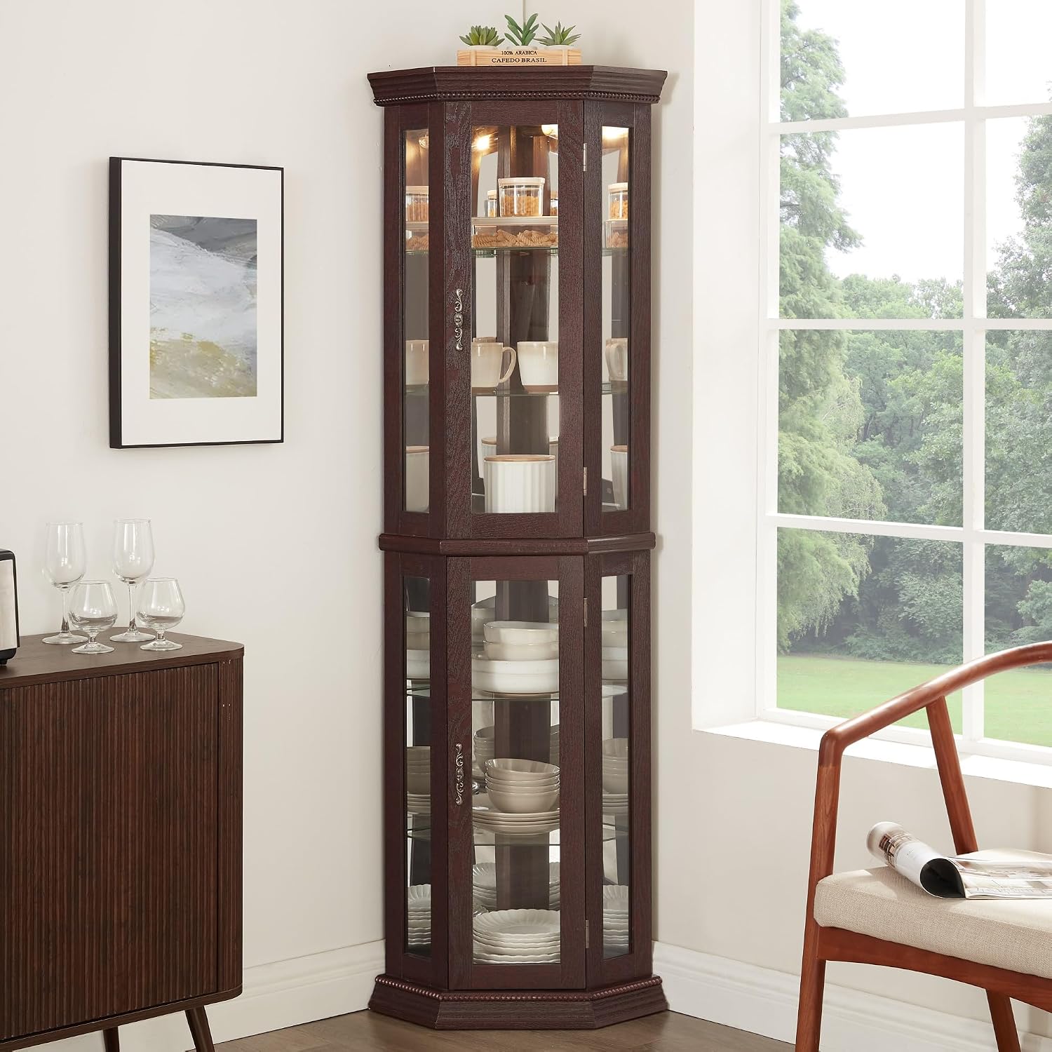 70' Lighted Corner Curio Cabinet,Inside Mirror Corner Glass Display Case with Tempered Glass Door for Living Room, Antique Collectibles, Wine & Bar Glass Storage, Lights Included