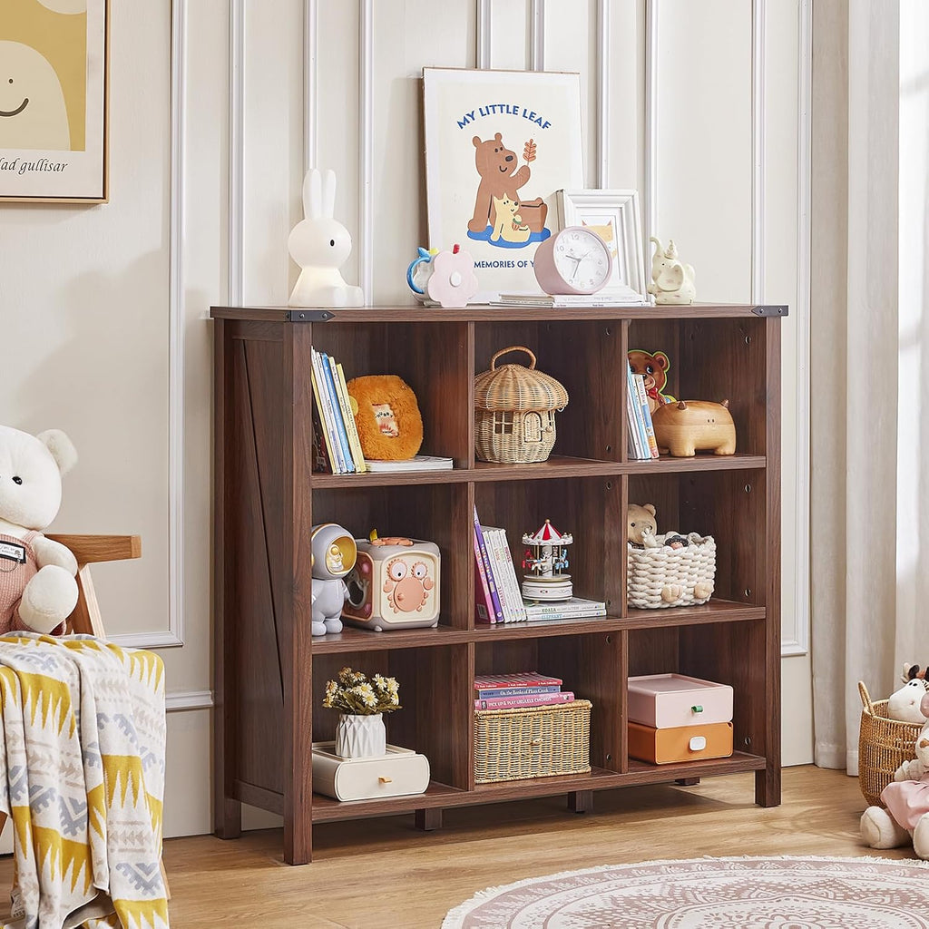 Joaxswe 9 Cube Bookcase, Farmhouse 47 Inch Wide Brown Walnut Bookshelf, Wooden 3 Tier Display Large Open Book Shelf, Vintage Horizontal Book Case for Home Office, Cubby Storage Cabinet for Living Room