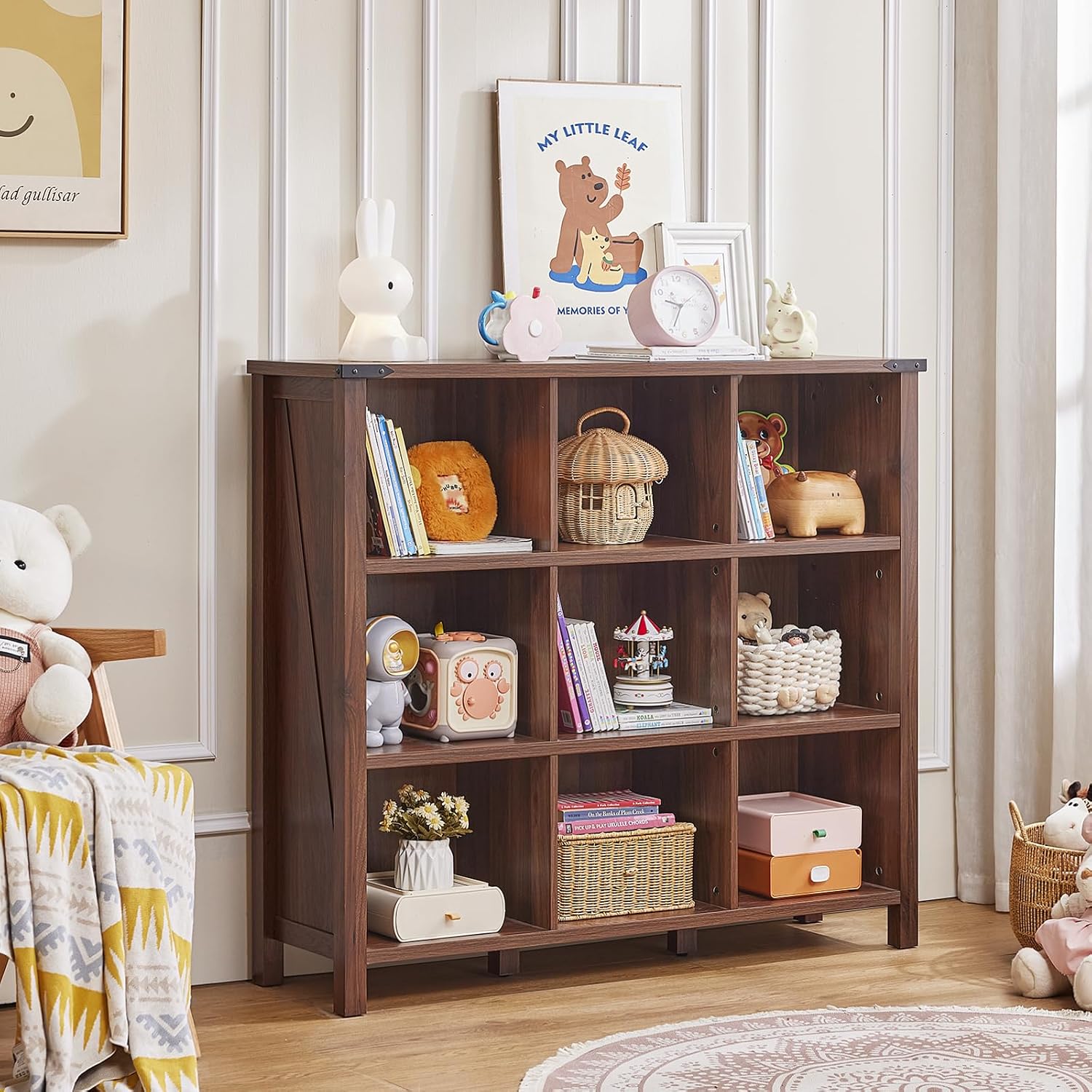Joaxswe 9 Cube Bookcase, Farmhouse 47 Inch Wide Brown Walnut Bookshelf, Wooden 3 Tier Display Large Open Book Shelf, Vintage Horizontal Book Case for Home Office, Cubby Storage Cabinet for Living Room