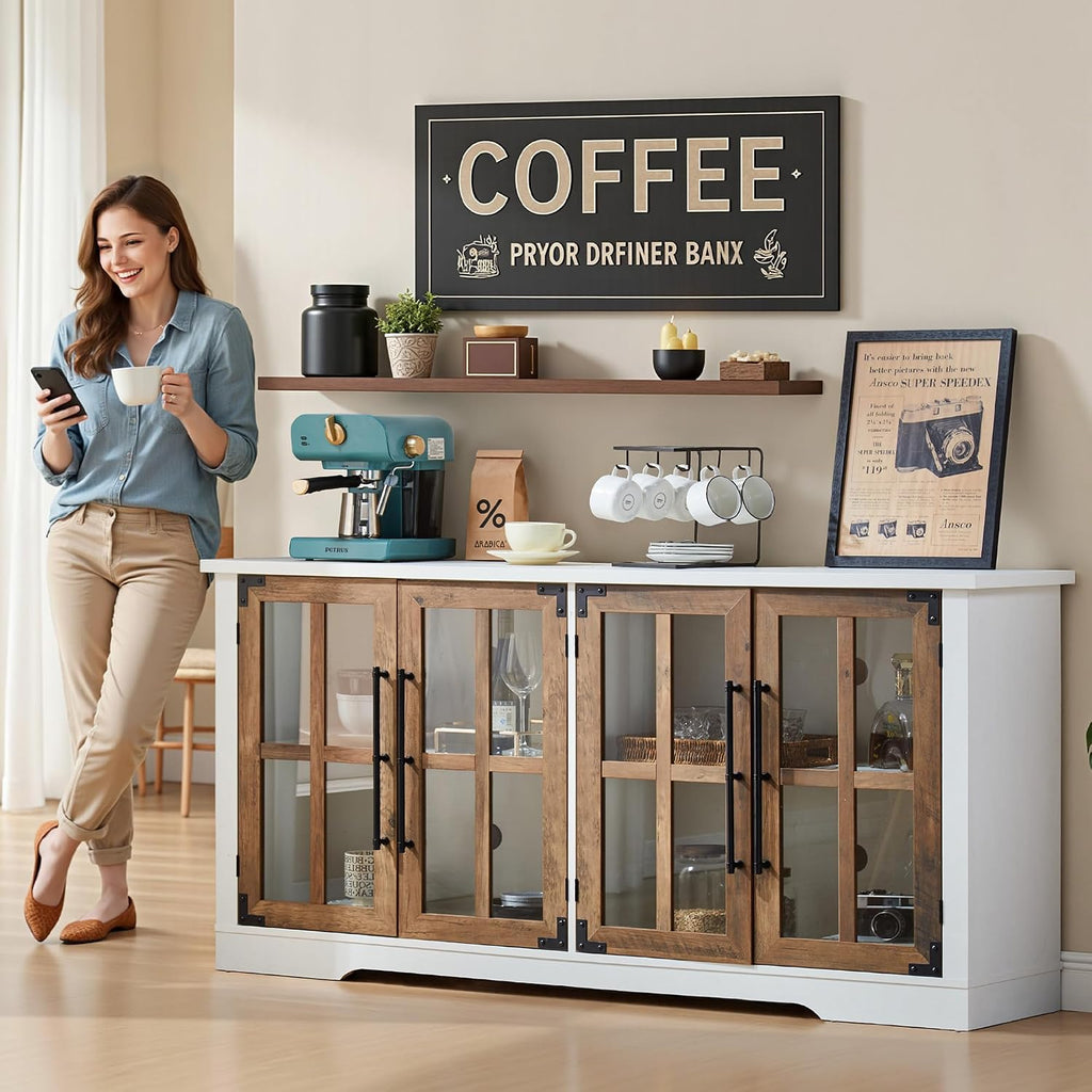 AMERLIFE Farmhouse 63' Buffet Sideboard Cabinet with Glass Door, Large Storage Cabinet with Adjustable Shelf, Wooden Coffee Bar Station for Kitchen, Dinning Room, White