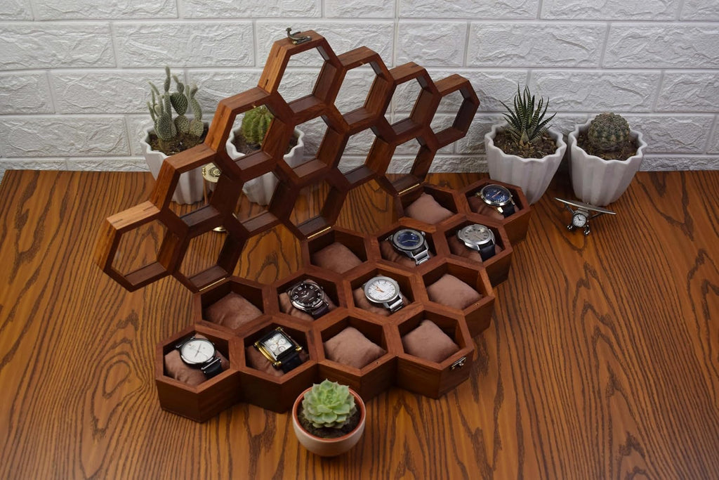 Extra Large 13 slot Superior Rosewood Honeycomb Watch Box Display Case Holder Collector Organizer for Men, Vintage Watch Storage Box to Store and Keep your Watches Safe and Sophisticated.
