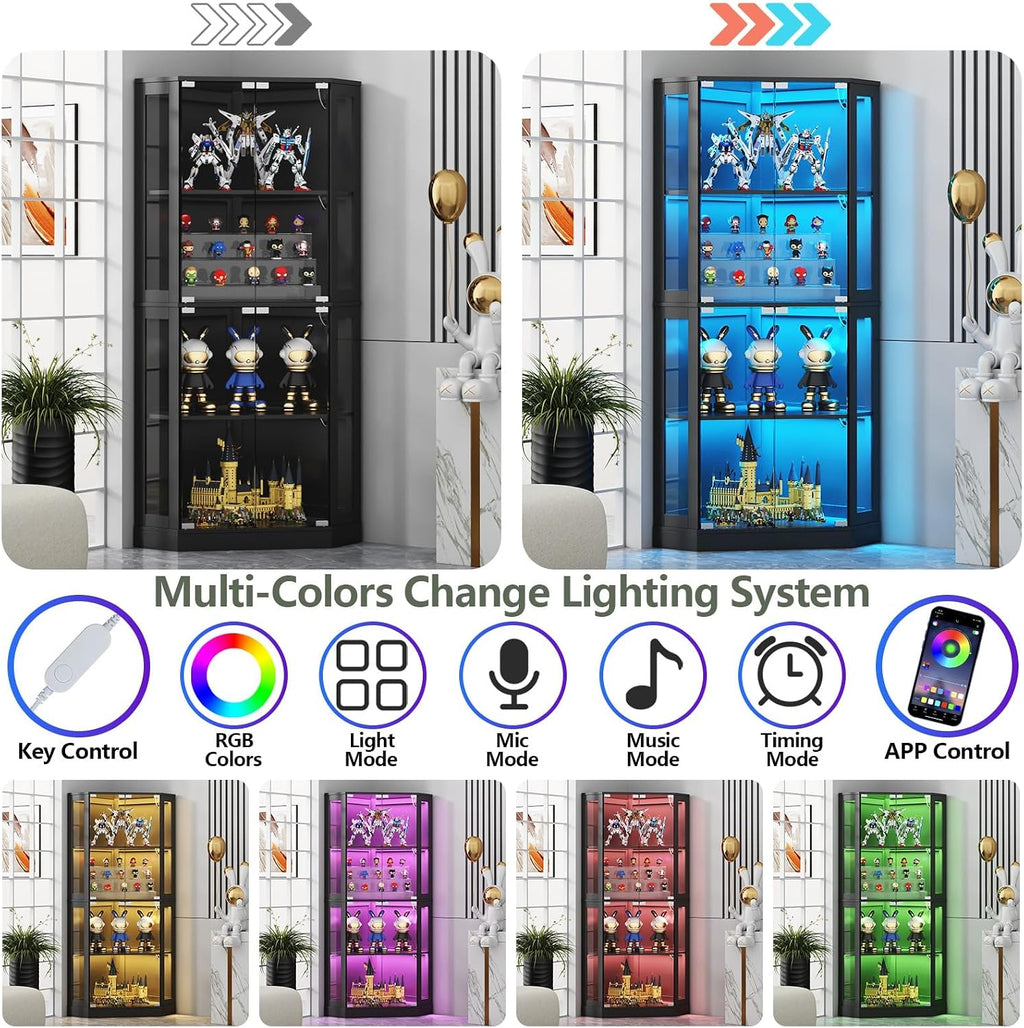 Gyfimoie Corner Display Cabinet with Multi-Color LED Lights, Modern Curio Cabinet with Glass Doors, 4 Tier Glass Display Case for Toys, Books & Other Collectibles