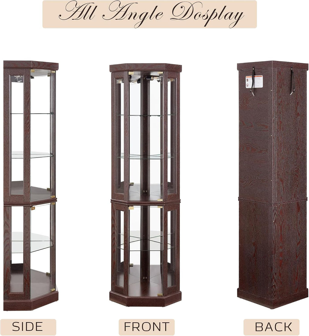 70' Lighted Corner Curio Cabinet, Wood China Display Case with Tempered Glass Doors & Adjustable Shelves, Light Bulb Included, Tall Wine Storage Rack for Bar and Liquor Storage (Dark Cherry)
